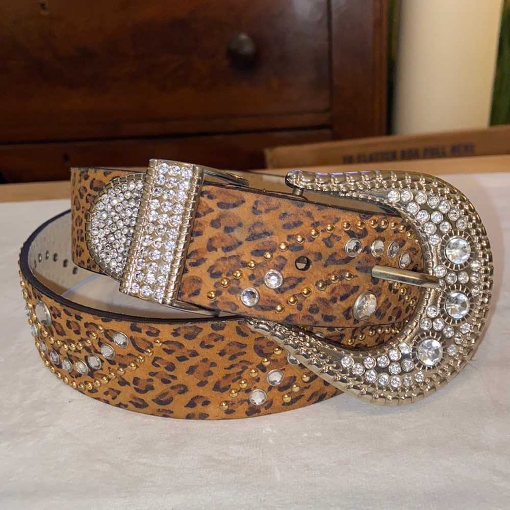 Lake Shore Drive Leopard Print Leather Belt with Crystals & Gold Studs